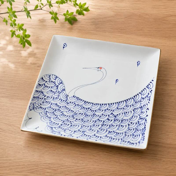 kotohogi 大皿 正角皿 鶴 おしゃれ 26.5cm 手描き 波佐見焼 食器 日本製 お祝い 縁起物