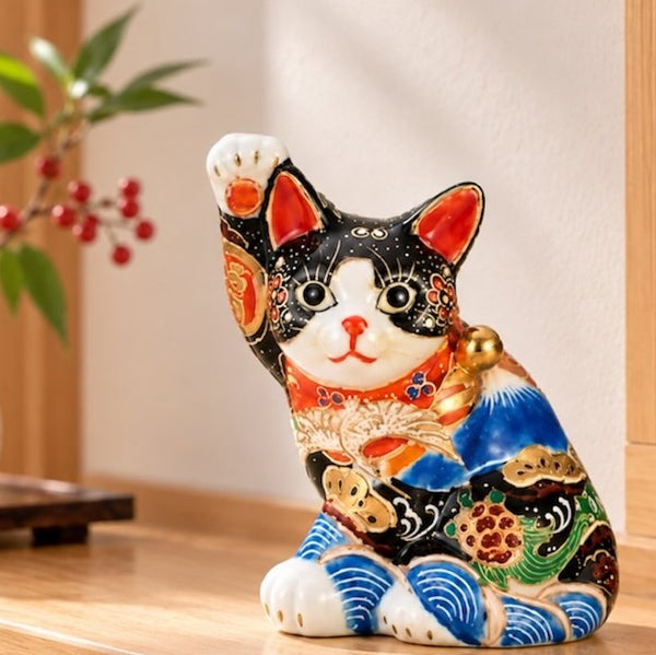 九谷焼 5.5号 招き猫 縁起尽くし 置物 おしゃれ 縁起物 富士山柄 日本製 クリスマス プレゼント
