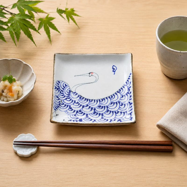 kotohogi 正角皿 鶴 亀 小皿 おしゃれ 14cm 手描き 波佐見焼 食器 日本製 お祝い 縁起物 お中元