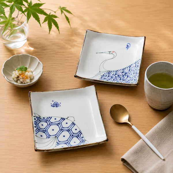 kotohogi 正角皿 鶴 亀 小皿 おしゃれ 14cm 手描き 波佐見焼 食器 日本製 お祝い 縁起物 お中元